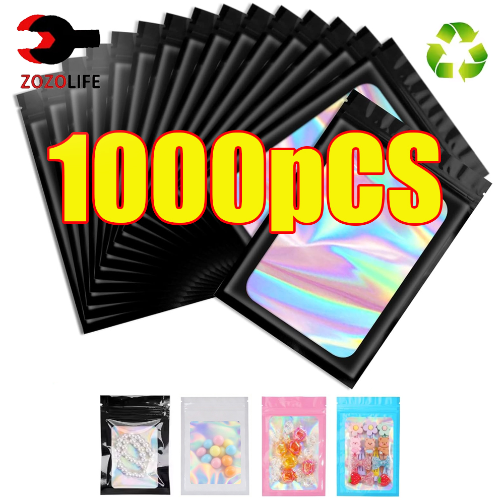 Food Storage Zip Bags - 10-1000Pcs Holographic Ziplock Bag Black Plastic