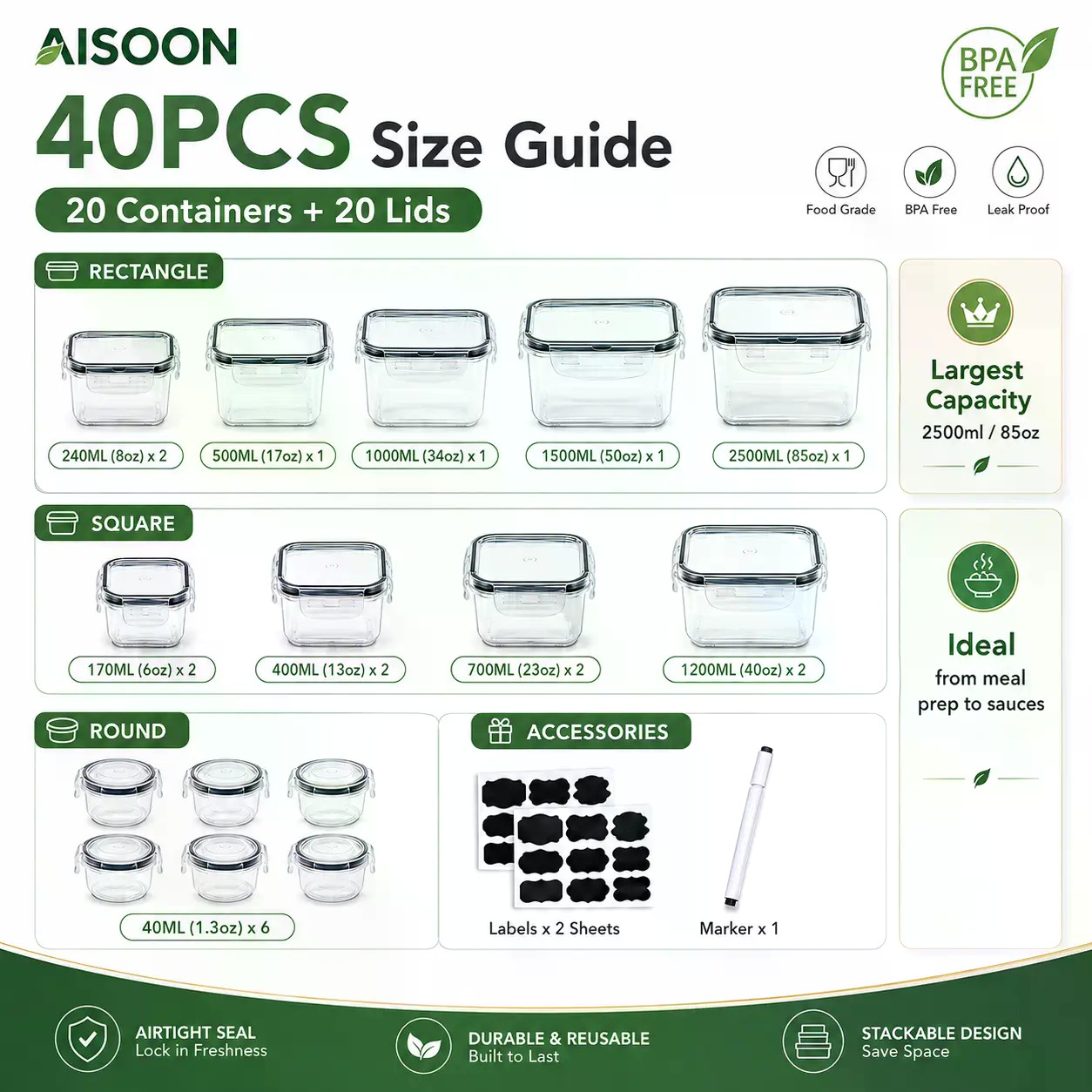 40 PCS Extra Large 85oz Silico - Food Storage Safe recension och pris